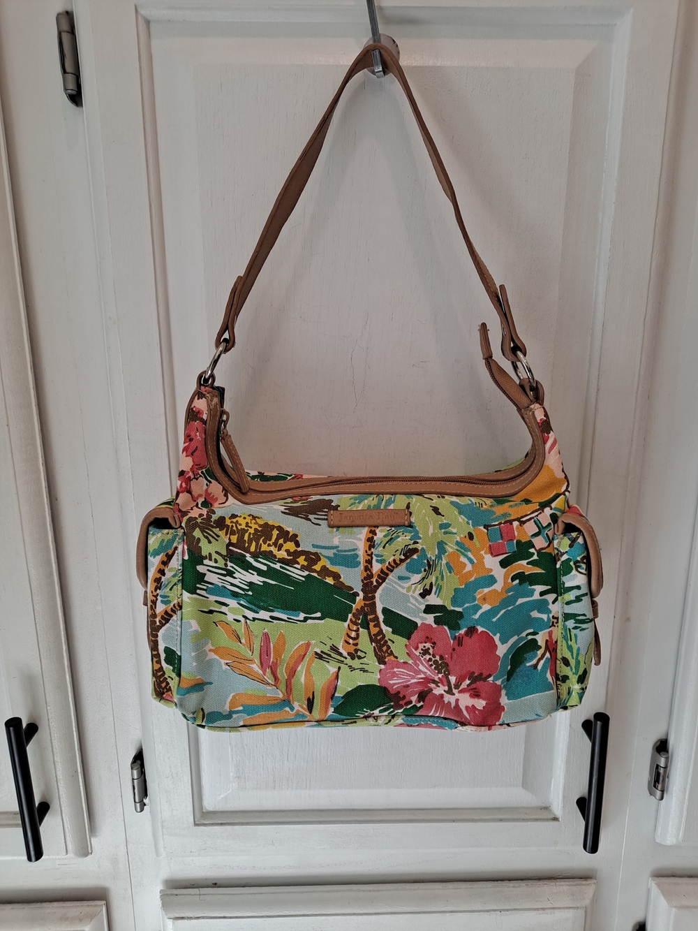Jamaica Bay Tropical Floral Canvas Shoulder Bag Multicolor Teal Blue Green Pink